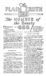 The NUMBER of the Beast 666!
Plain Truth Magazine
April 1938
Volume: Vol III, No.4
Issue: 