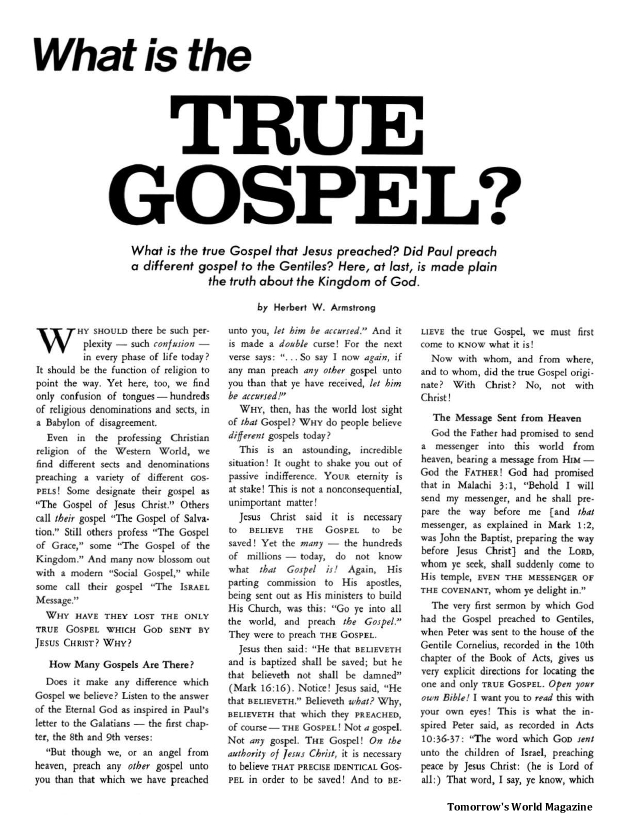 What Is The True Gospel Herbert W Armstrong Tomorrows World Magazine Herbert W Armstrong 0337