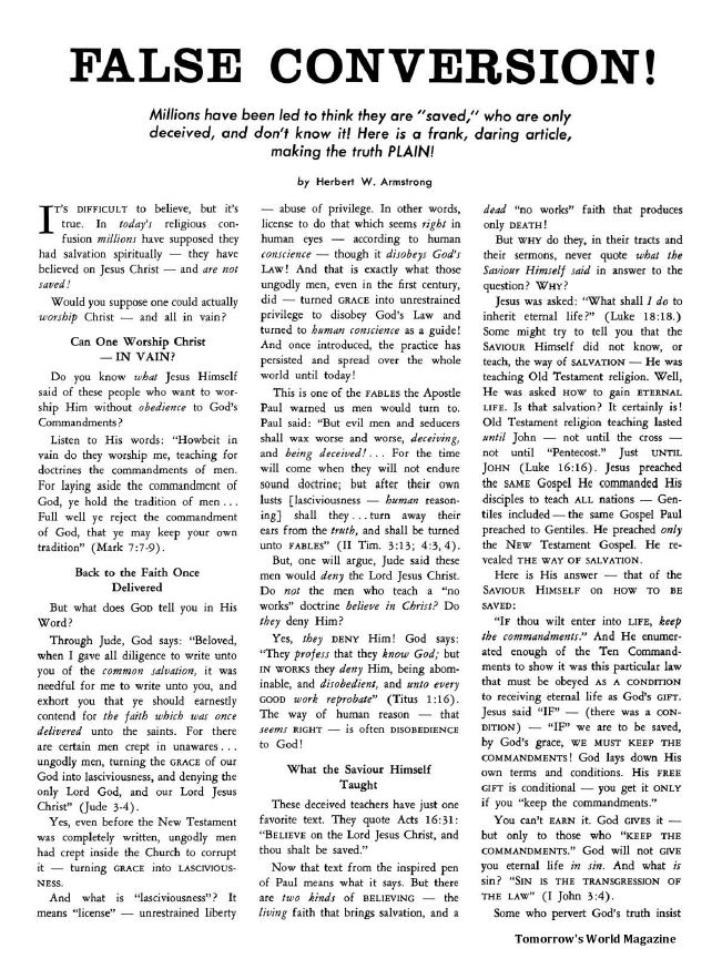 False Conversion Herbert W Armstrong Tomorrows World Magazine Herbert W Armstrong Library 8158