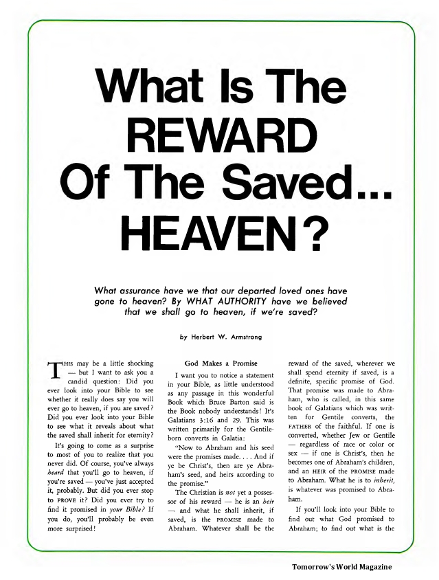What Is The Reward Of The Saved Heaven Herbert W Armstrong Tomorrows World Magazine 1287